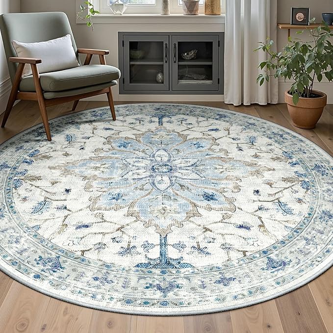 Area Rugs 5ft Washable Non-Slip, Floral Vintage Distress Print Pattern Medallion Carpet for Living Room Bedroom Dining Room, Light Blue Navy Beige Gray White