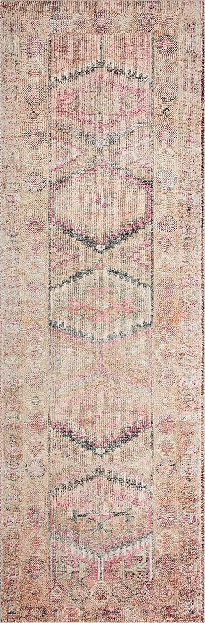 Loloi Layla Collection LAY-17 Pink/Lagoon 2'-6" x 7'-6" .13" Thick Runner Rug, Soft, Durable, Vintage Inspired, Distressed, Low Pile, Non-Shedding, Easy Clean, Printed, Living Room Rug