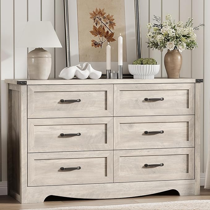 Dresser for Bedroom with 6 Drawers, 54" Wide Wood Chest of Drawers with Deep Drawers & Mental Handle, Modern Dresser TV Stand, Wooden Closet Storage Organizer for Living Room, Hallway, Entryway, Grey