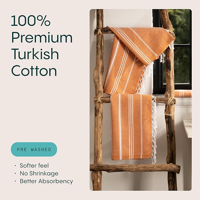 WETCAT Turkish Hand Towels with Hanging Loop, Set of 2 (20" x 30") 100% Turkish Cotton, Pre-Washed, Quick Drying, for Kitchen or Bathroom - Burnt Orange