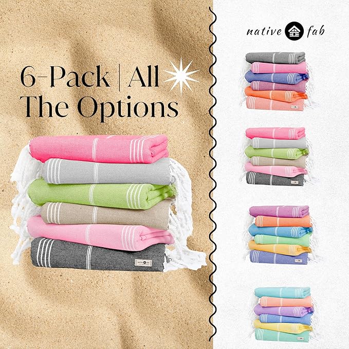 Native Fab Oversized 6 Pack Turkish Towels, 100% Cotton, 40"x71", Thin, Lightweight, Fast Dry, Sand Free, Soft, Compact for Travel, Ideal for Beach, Bath, Pool, Gym, Spa, Summer - Assorted 6 Colors