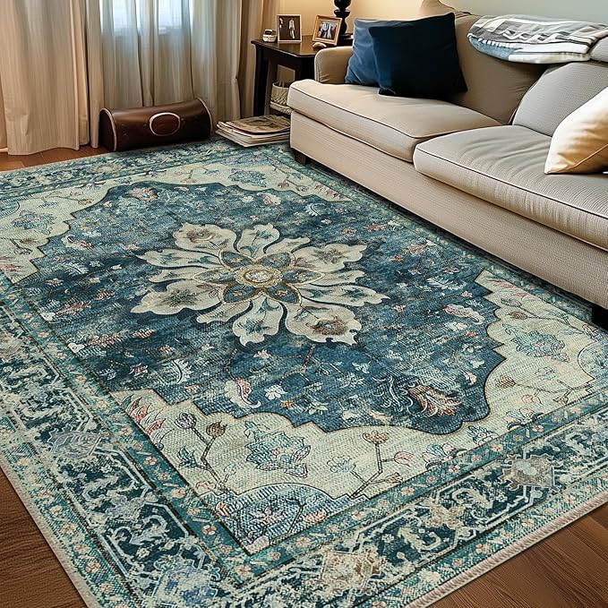 Area Rugs 6'x8' Washable Non-Slip, Floral Vintage Distress Print Pattern Medallion Carpet for Living Room Bedroom Dining Room, Dark Blue Vintage