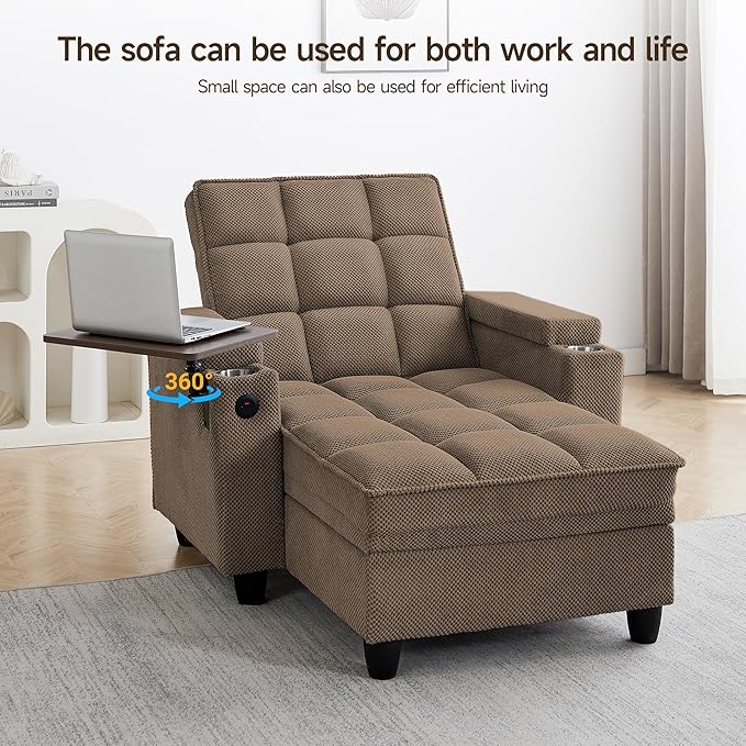 41.7" Chaise Lounge Chair Indoor, Oversized Boucle Upholstered Sofa Bed, Adjustable Backrest Deep Seat Reading Chair, Sofas Couches for Living Room with Storage, Cup Holders & 360° Swivel Side Table