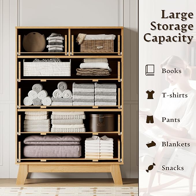 46" Tall Dresser for Bedroom, 6-Drawer Fluted Chest of Drawers, Modern Wood Highboy with Deep Storage, Metal Slides and Handles, Anti-Tip Kit, Vertical Clothes Organizer for Apartment, Nursery