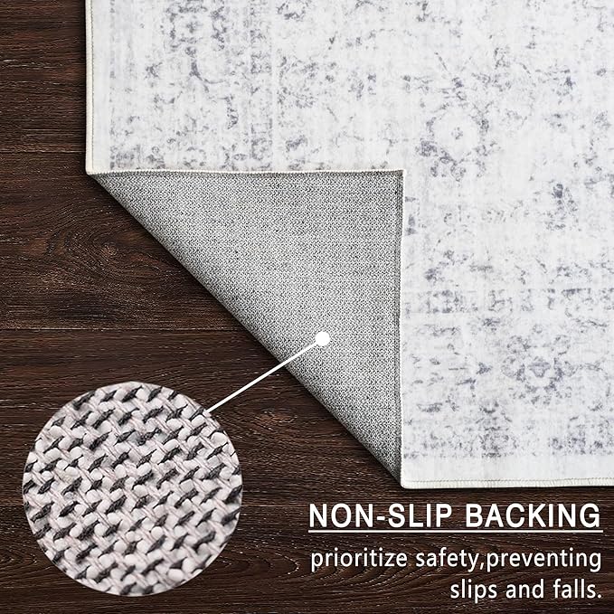 4x6 Rug, Small Area Rug for Living Room, Bedroom, Kitchen, Machine Washable Non-Slip Throw Rug, Vintage Distressed Floral Carpet for Entryway Nursery Dinner Room - Durable (Grey)