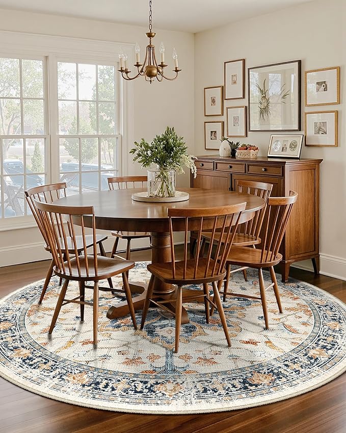 8ft Round Rug, Area Rugs 8ft, Washable Rug, Non-Slip, Rugs for Living Room for Bedroom, Circle , Vintage Rugs Boho Floral Medallion, Low Pile, Soft, Beige Dark Blue Navy Red