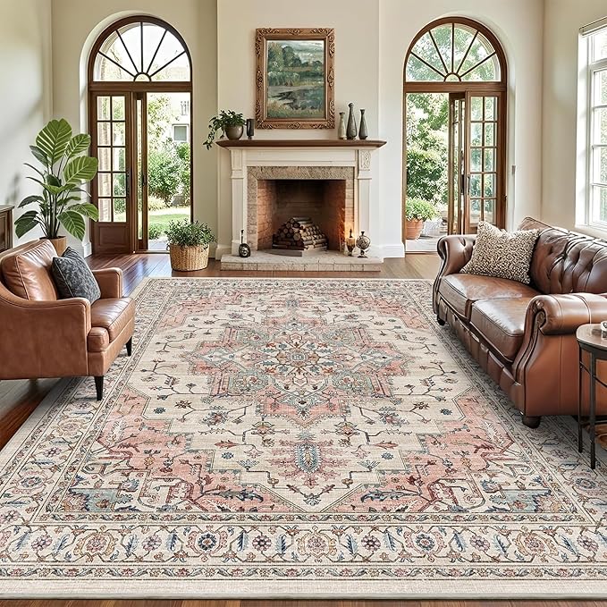 8x10 Area Rugs for Living Room Ultra-Soft Washable Rug Vintage Distressed Boho Area Rug, Non-Slip Low Pile Stain Resistant Carpet for Bedroom Dining Room Kitchen Office