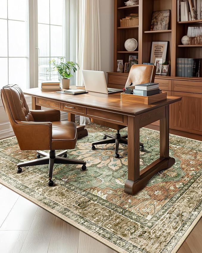 Area Rugs 5'x8' Washable Non-Slip, Floral Vintage Distress Print Pattern Medallion Carpet for Living Room Bedroom Dining Room, Brick Red Rust Neutral Brown Burnt Orange Green