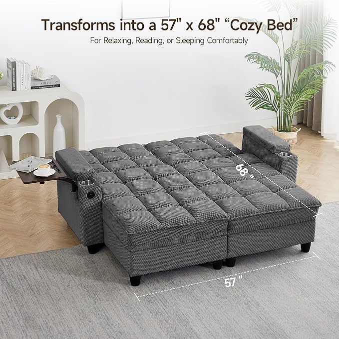 70.9" Chaise Lounge Chair Indoor, Oversized Boucle Upholstered Sofa Bed, Adjustable Backrest Deep Seat Reading Chair, Sofas Couches for Living Room with Storage, Cup Holders & 360° Swivel Side Table
