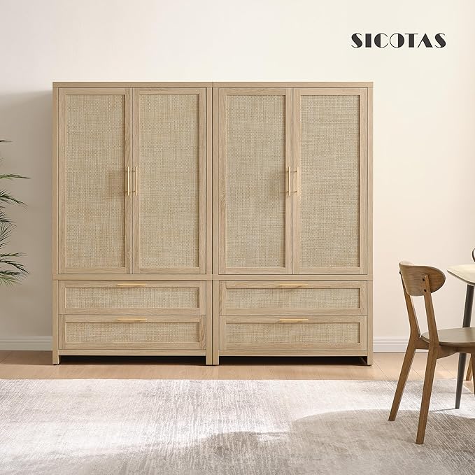 SICOTAS Larger Armoire Wardrobe Closet, 71" Tall Rattan Freestanding Wardrobe Closet Cabinet with Storage and 2 Drawers, Boho Armoire Clothes Organizer with Hanging Rod for Bedroom, Light Oak (2 PCS)