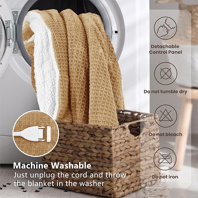 Heated Blanket Electric Throw Waffle, 50x60 Inches Sherpa Fleece Fast Heating Blanket 6 Heating Levels & 4 Hours Auto Off ETL Certification, Caramel Throw