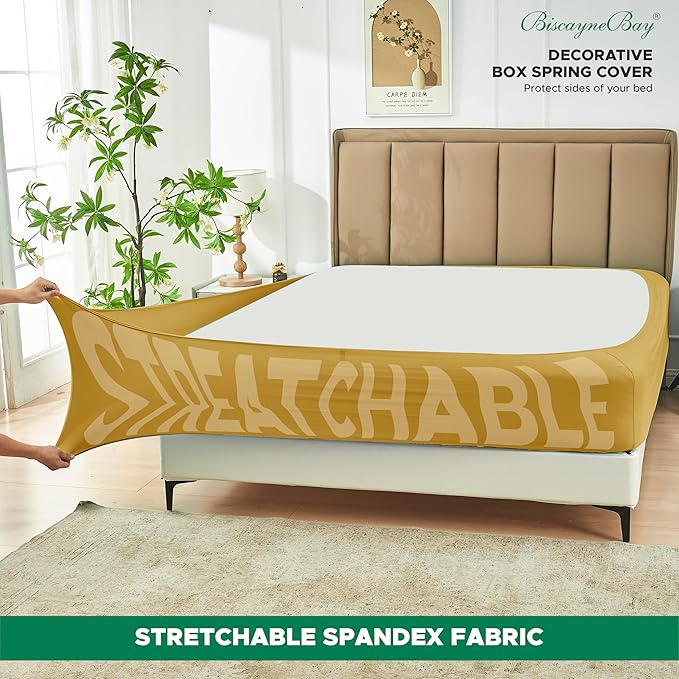 Biscaynebay Decorative Box Spring Cover Queen Size, Gold Luxurious Jersey Knitting Stretchy Wrap Around 4 Sides Bed Skirt for Home/Hotels, Easy Fit Wrinkle & Fade Free Machine Washable