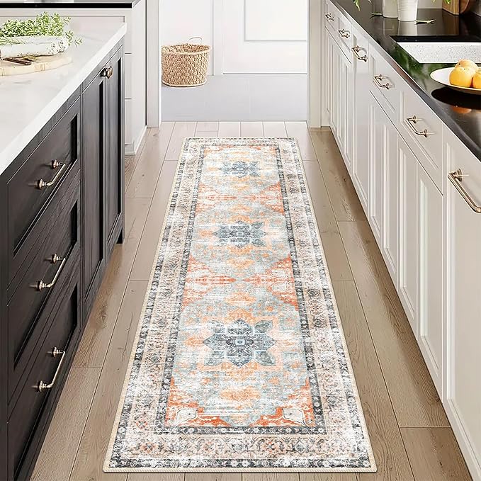 Runner Rug 2'x7' Vintage Washable Non-Slip Runners for Hallways Kitchen Entryway Laundry Room Floral Carpet Hallway Runner Orange