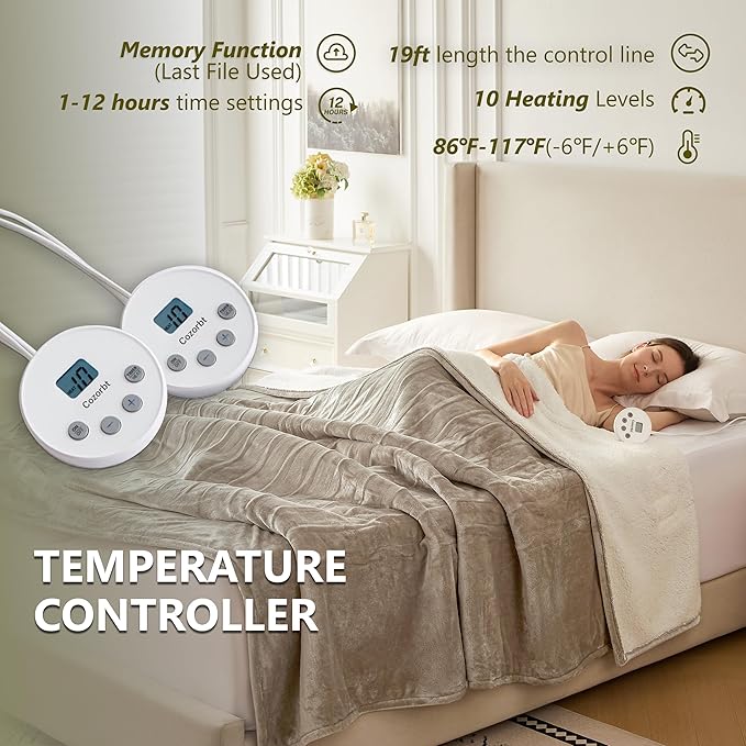 Heat Blanket 90”x100” King Size-Dual Control,Soft Flannel & Sherpa Electric Blanket with 10 Heat Settings,12 Timer Setting and 8 Hours Auto-Shut Off,ETL Certified Machine Washable,Light Brown