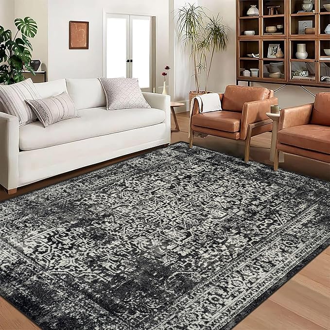 vivorug 3x5 Area Rugs, Stain Resistant Washable Rug for Living Room, Vintage-Inspired Black and White Rug