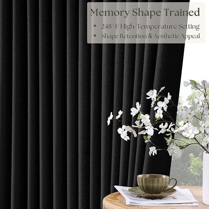Black Pinch Pleated Blackout Linen Curtains 120 Inches Long for Living Room Bedroom 2 Panels Room Darkening Thermal Insulated Neutral Black Farmhouse 100% Blackout Window Curtain Drape 120 Inch