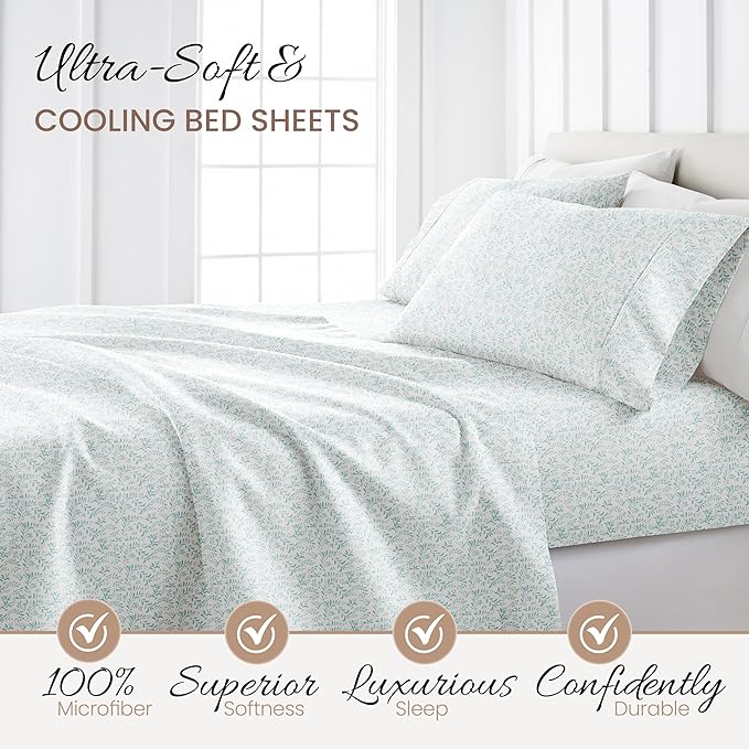 Linen Market Double-Brushed Patterned Microfiber Twin Sheet Set 3 Piece – Oeko-TEX Certified Ultra Soft & Wrinkle-Free - 16" Deep Pocket Sheets - Easy Care Twin Size - Burst of Vines Light Blue