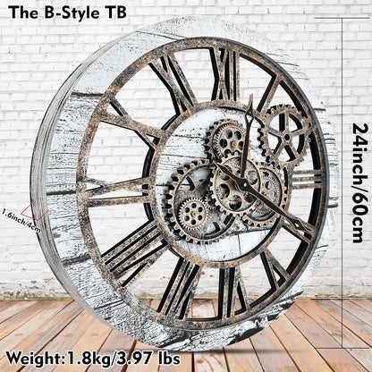 The B-Style Large Wall Clock 24 inch Moving Gear Wall Clock Oversized Vintage Farmhouse Wall Clocks for Living Room Decor Rustic Industrial Wood Clock (Gray and White)