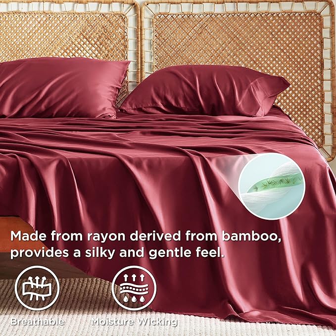 Bedsure King Size Sheets Set, Cooling Sheets for Hot Sleepers, Rayon Derived from Bamboo, Breathable & Soft, Deep Pocket Up to 16 Inches, Hotel Luxury Silky Bedding, Burgundy