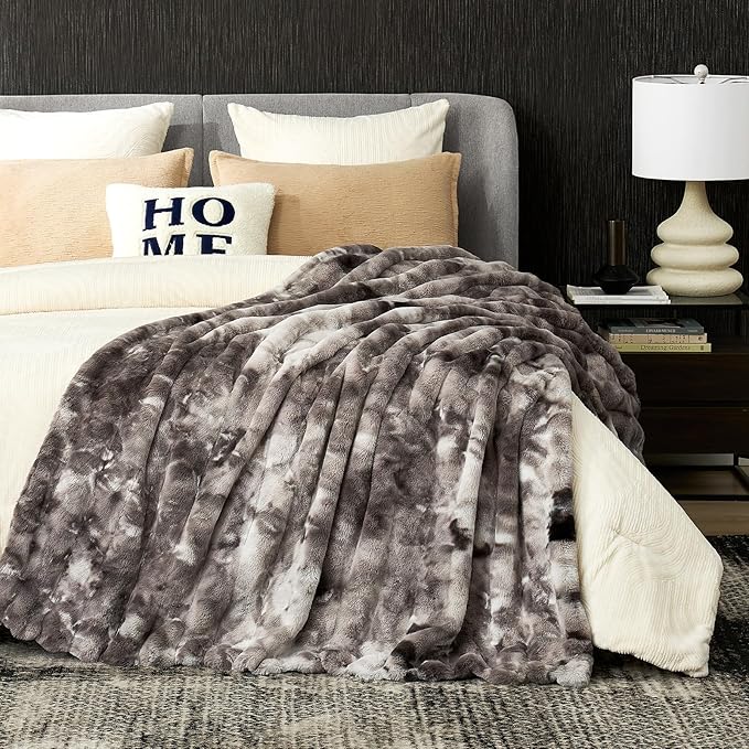 Cozy Bliss Faux Fur Throw Blanket for Couch, Fuzzy Soft Plush Thick Striped Blanket for Sofa Bedroom Living Room, 50 * 60 Inches Tie-dye Grey