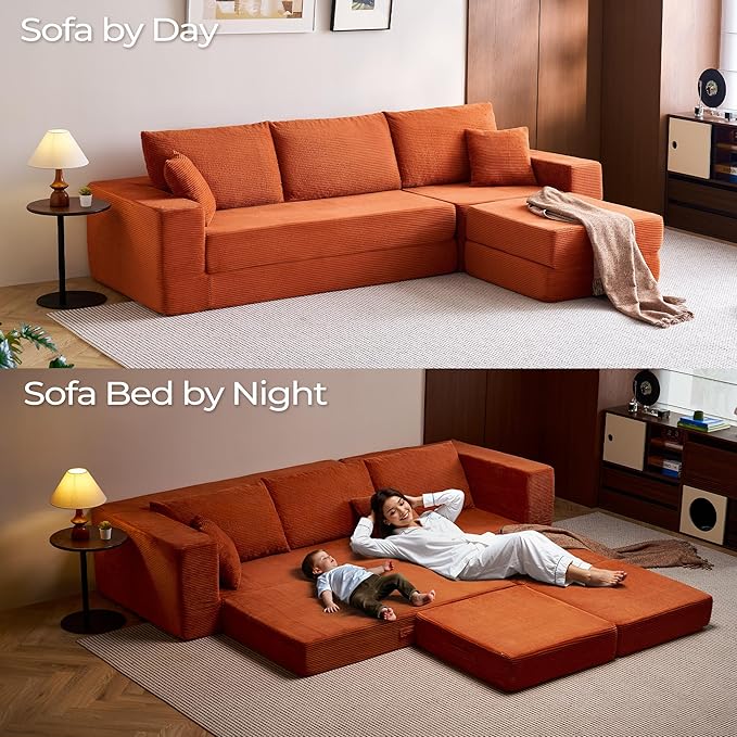 LINSY HOME Convertible Sofa Bed with 2 Pillows & Ottoman, Boneless Couch Folding Modular Sectional Sleeper Sofa, L Shaped Sofas Corduroy Couch Bed Compression Sofa for Living Room Apartment, Orange