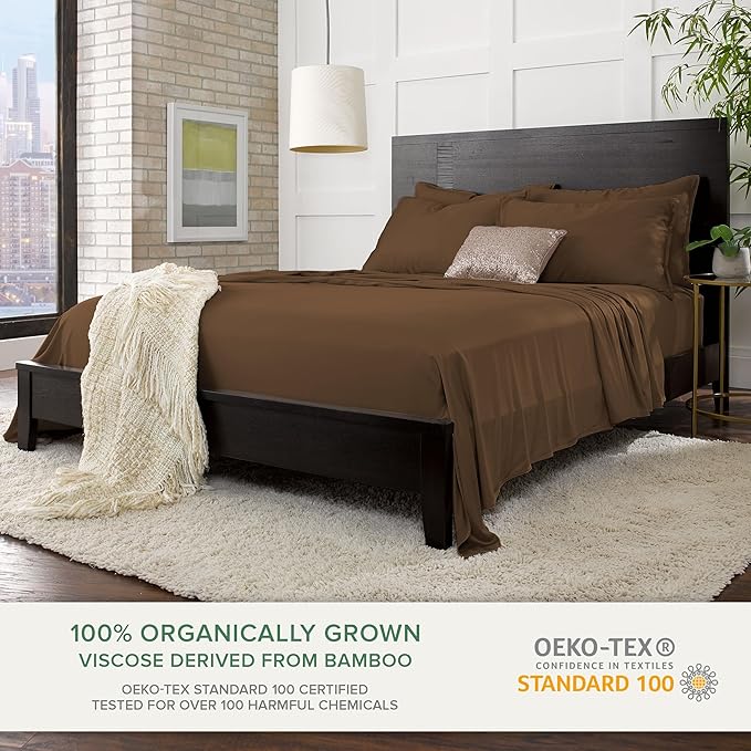 Pure Bamboo Queen Sheets, Genuine 100% Organic Viscose Derived from Bamboo Bed Sheet Set, Luxuriously Soft & Cooling, Double Stitching, 2 Year Quality Promise (Queen, Coconut Husk)