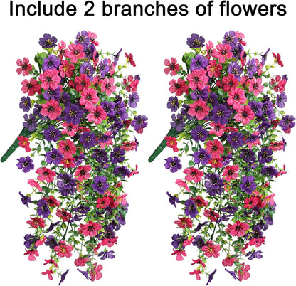 Artificial Faux Hanging Flowers Plants for Spring Outdoor Outside Decoration, 2 PCS Fake Silk Daisy with Eucalyptus UV Resistant Realistic Trailing Vines for Balcony Patio Porch (Darkpurple+Hotpink)
