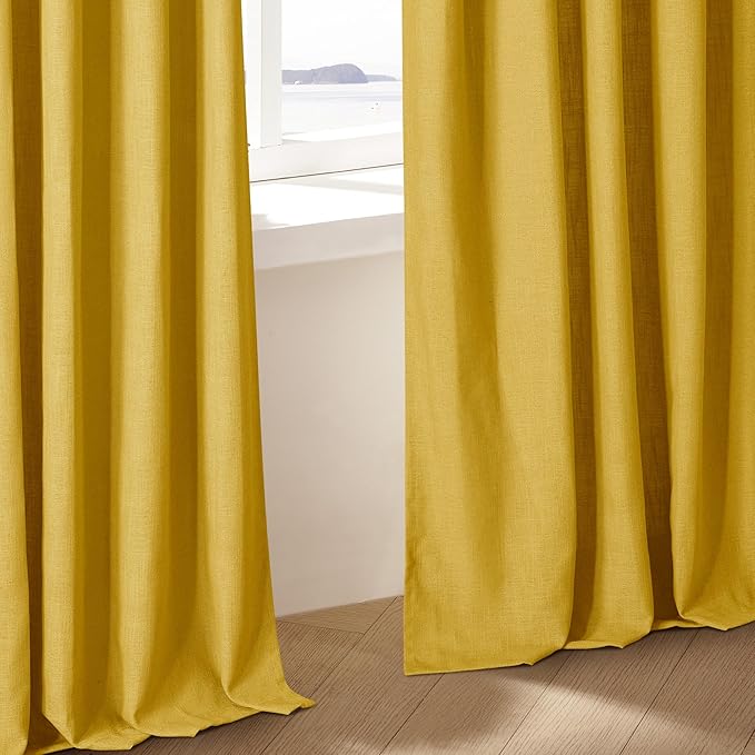 Farmhouse Mustard Yellow Linen Curtains 102 Inches Long for Living Room Pinch Pleated Drape with Hooks Rings for Track System Light Filtering 102 Inch Curtain for Bedroom Sliding Patio Door 2 Panels