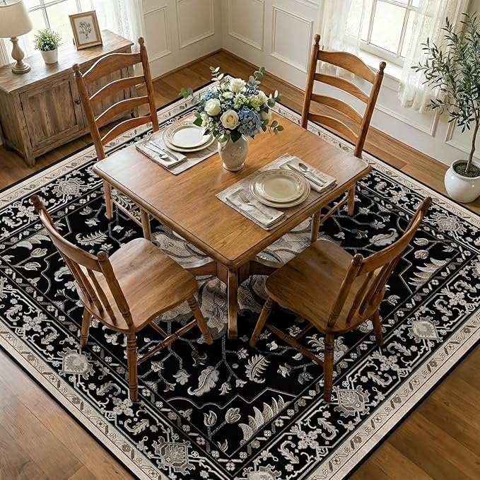 Area Rugs Square 7ft Washable Non-Slip, Floral Vintage Distress Print Pattern Medallion Carpet for Living Room Bedroom Dining Room, Black Brown Neutral Dark Tan
