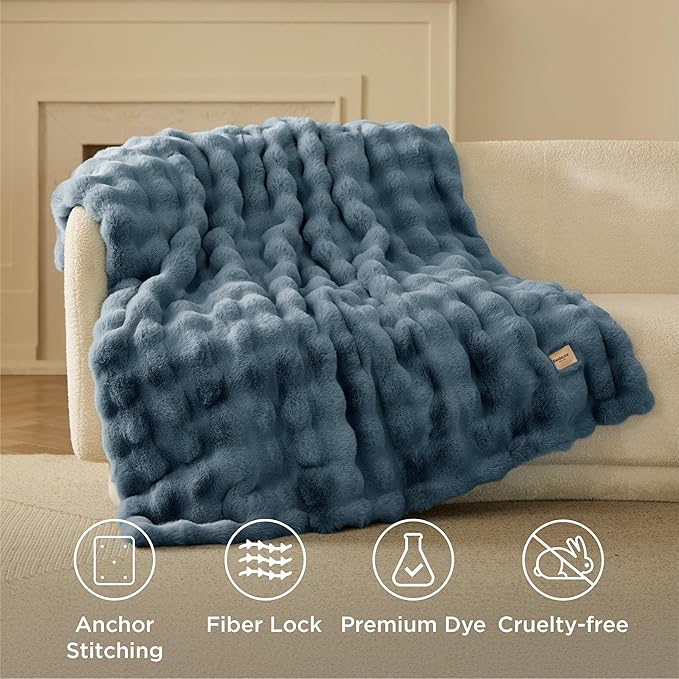 Bedsure GentleSoft Fluffy Faux Fur Blanket Twin Size, Fuzzy Soft Bubble Blanket for Couch, Home Decor Gifts for Bedroom Living Room, Thick Furry Cozy Gifts for Women, Greyish Blue, 60x80 Inch