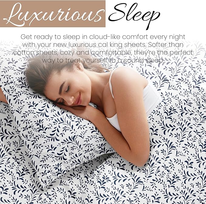 Linen Market 4 Piece California King Bedding Sheet Set (Navy Vines) - Sleep Better Than Ever with These Ultra-Soft & Cooling Bed Sheets for Your Cal King Size Bed - Deep Pocket Fits 16" Mattress