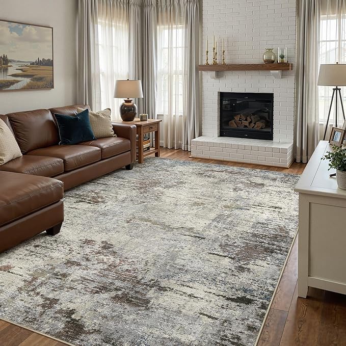 Area Rug Living Room Rugs - 10x14 Washable Large Soft Indoor Neutral Modern Abstract Low Pile Rug Carpet for Bedroom Dining Room Farmhouse Home Office - Brown Rust