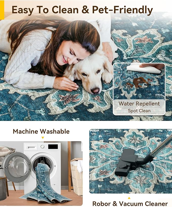 Area Rugs 8ft Washable Non-Slip, Floral Vintage Distress Print Pattern Medallion Carpet for Living Room Bedroom Dining Room, Teal Green Lake Blue Turquoise