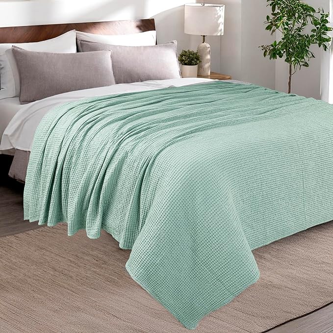 HILLFAIR 100% Cotton Blanket- 120"x120" XXL Oversized King Bed Blankets- Family Size 10 ft x 10 ft Big- Waffle Blankets, All Season Soft Breathable Extra Large King Cotton Blanket for Bed: Sage