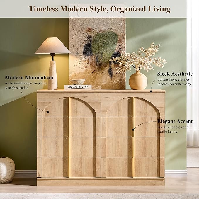 ACCOHOHO Large Dresser for Bedroom with 8 Drawers with Arched Panel,Modern Minimalist Chest of Drawers with Gold Handles,Wood Storage Closet Dressers Tv Stand for Living Room, Hallway,Natural Oak