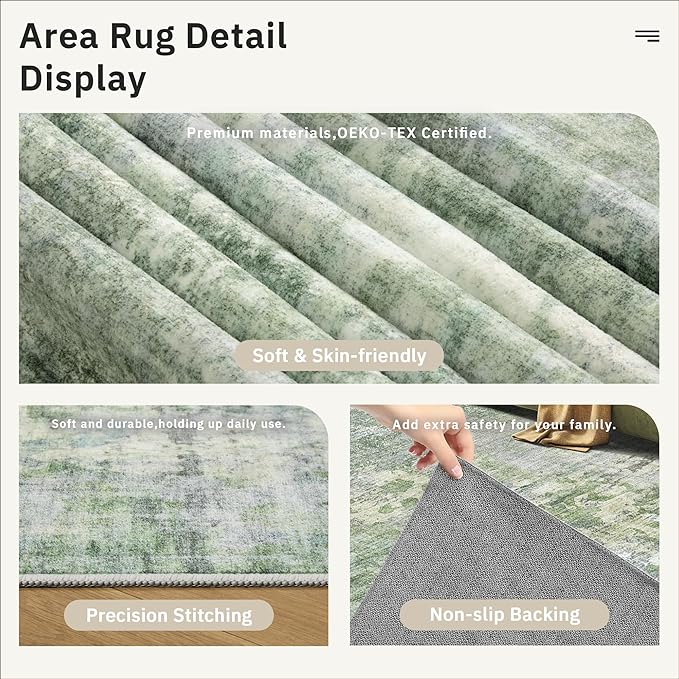 Area Rug 6x9 Abstract Rugs for Living Room 6 x 9 Washable Rugs Green Non Slip Low Pile Rugs for Bedroom Dining Room Foldable Thin