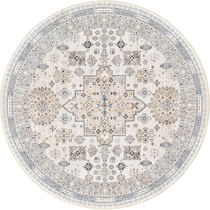 zesthome Washable Round Rug - 5ft Ultra-Thin Circle Area Rugs, Vintage Non-Slip Low Pile Rug for Living Room, Stain Resistant Rug for Bedroom, Entryway, Kitchen, Nursery