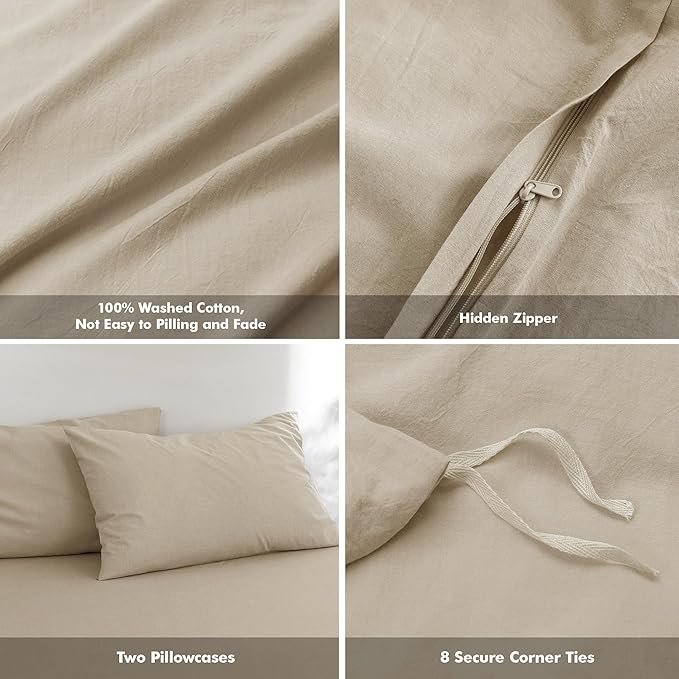 FOSSA Duvet Cover Set 100% Washed Cotton Linen Feel Super Soft Breathable Cozy 3 Pieces Bedding Sets Solid Light Khaki King