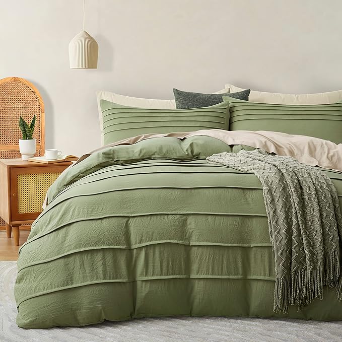 Oli Anderson Sage Green Duvet Cover Queen Size - Pleated Queen Duvet Cover, 3PCS Soft and Breathable Textured Bedding Set with Zipper Closure(Sage Green,90"x90")