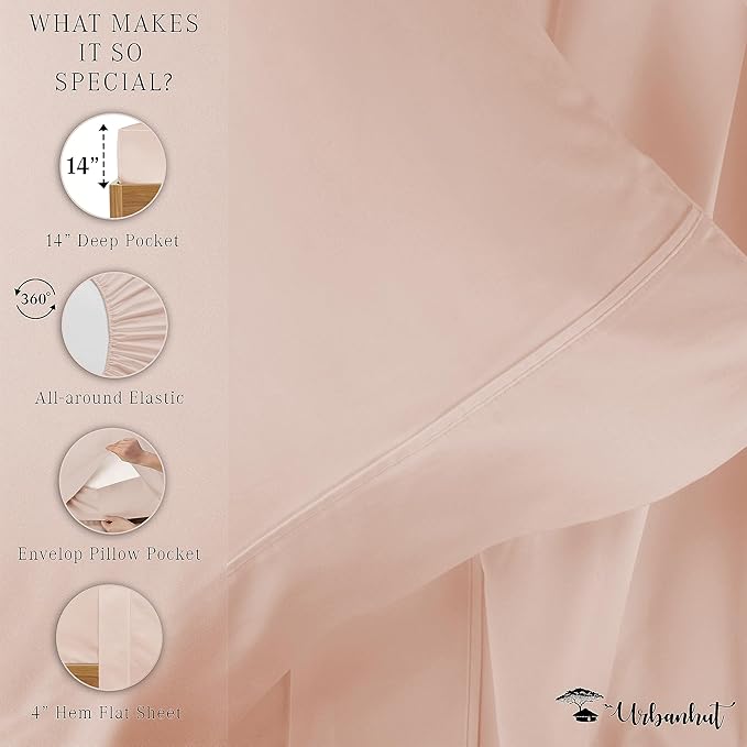 URBANHUT 800 Thread Count 100% Cotton Twin Size Sheets, Luxury 4 Piece Twin Bedsheets, Hotel Sheets Sateen Finish - Better Than Egyptian, 14" Elasticized Deep Pocket - Blush Pink
