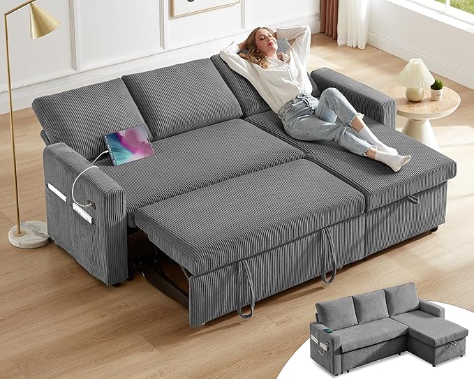 Vipbear 80" Sectional Sleeper Sofa Bed with Pull Out Bed, L Shaped Couch Pull Out Couch with Reclining Backrest, Reversible Storage Chaise, USB Ports, Tool-Free Assembly, Corduroy Grey