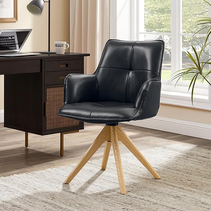 Art Leon Office Chair No Wheels - Mid Century Modern Swivel Desk Chair, Genuine Leather Upholstered Accent Chair with Oak Wood Legs for Small Space Living Room Bedroom, Black Blue