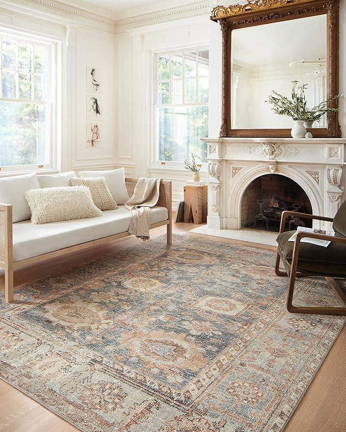 Loloi Margot Collection MAT-03 Ocean/Spice 3'-6" x 5'-6" Accent Rug feat. CloudPile, No-Shed Easy Clean Large Patterned Area Rug for Living Room, Bedroom, Dining Area