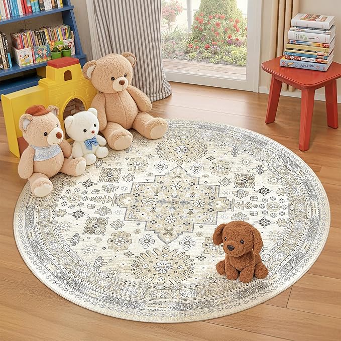 zesthome Washable Round Area Rugs - Non-Slip 6ft Round Rugs, Ultra-Thin Large Circle Rugs for Living Room, Soft Low Pile Rug for Bedroom, Kitchen, Nursery - Vintage Stain Resistant Round Rug