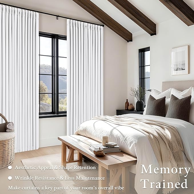 White 80 Inch Pinch Pleated Black Out Curtains 2 Panel Set for Living Room Pinch Pleat Linen Drapes with Liner 80 Inches Long 100% Blackout Light Blocking Energy Saving Curtain for Dining Bedroom