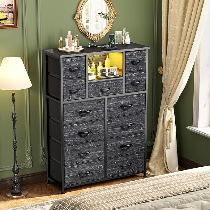 Dresser for Bedroom with 13 Fabric Drawers, Black Dresser with LED & 4 Charging Ports, 47''H Chest of Drawers with Open Storage Shelves for Hallway, Entryway