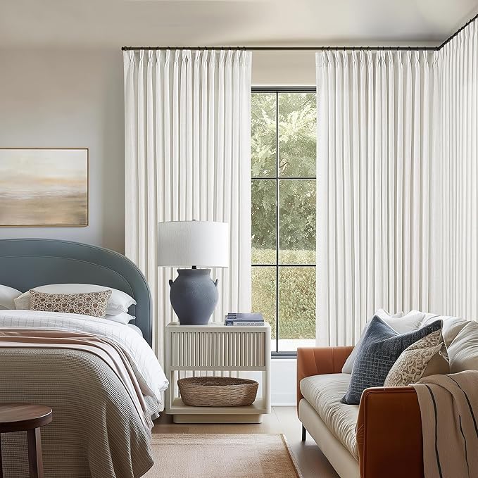 Beige White Pinch Pleated Extra Wide Curtain Panels 90 Inches Long 100 Wide Linen Curtain for Sliding Glass Door Semi Sheer Hooks Rings Privacy 90 Inch Length Drape for Living Room 100x90 1 Panel