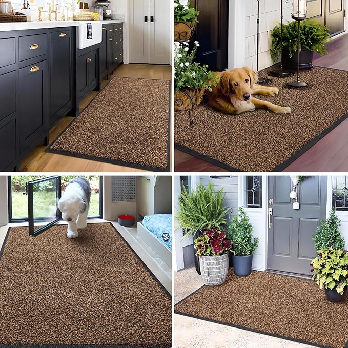 Mibao Front Door Mat, Dirt Trapper Welcome Mat for Outdoor Indoor, Non-Slip Waterproof Doormat, Durable Machine Washable Low Profile Entry Rug for Back Door Outside Patio Porch, 36" x 24", Brown