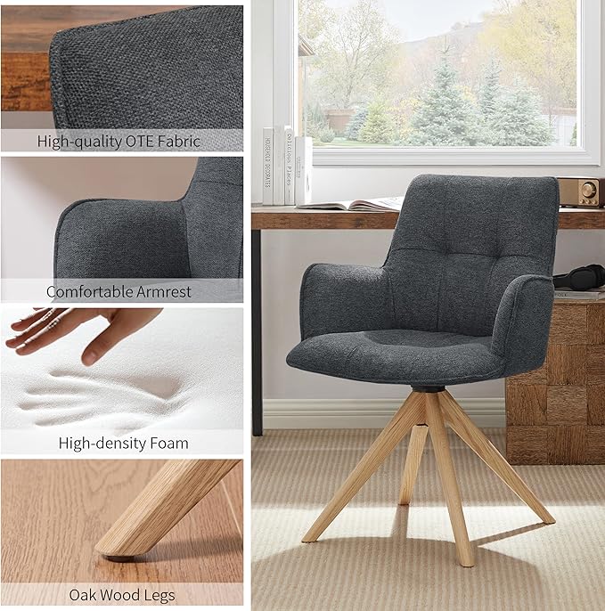 Art Leon Swivel Office Chair - Mid Century Modern Desk Chair No Wheels, Fabric Upholstered Accent Chair with Oak Wood Legs for Small Space Living Room Bedroom, Set of 2, Dark Gray