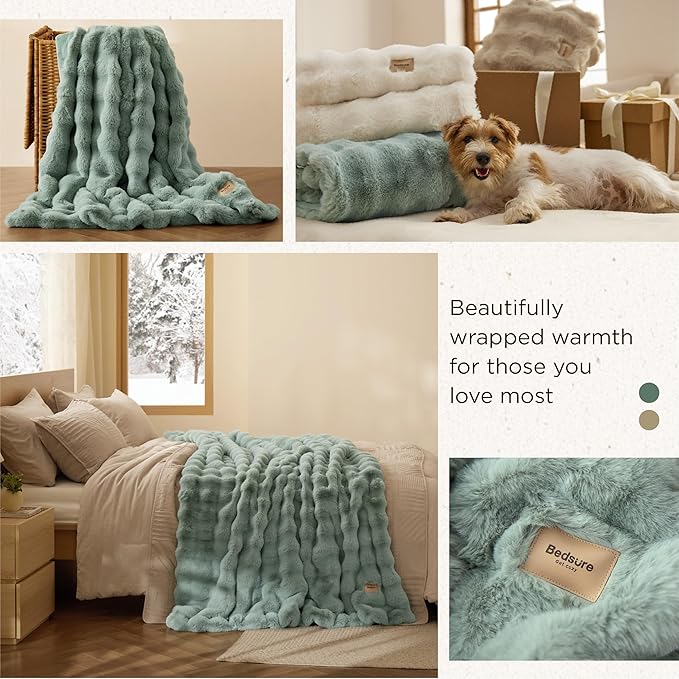 Bedsure GentleSoft Fluffy Faux Fur Throw Blanket, Fuzzy Soft Bubble Blanket for Couch, Faux Fur Decor for Home Bedroom Living Room, Thick Furry Cozy Gifts for Women, Sage Green, 50x60 Inch